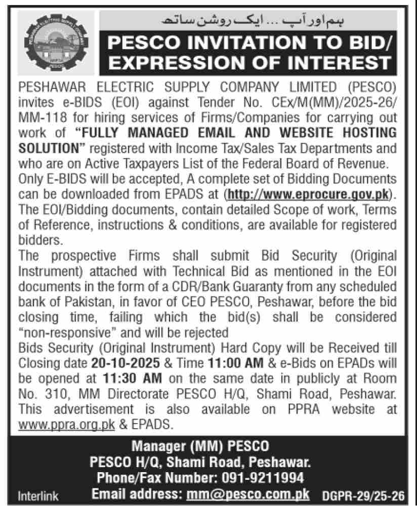 PESCO Peshawar Tender Notice